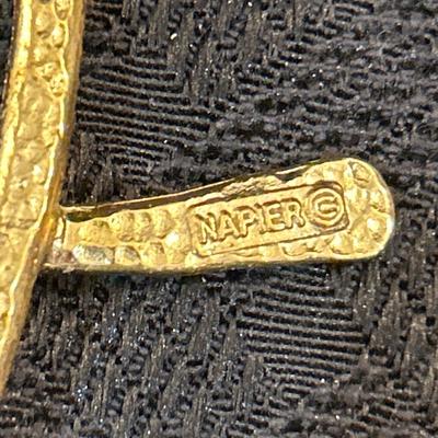 1970s Napier Fish Pendant Statement Necklace Gold Tone with Faux Pearl Eye and Chain Vintage Signed Designer Jewelry