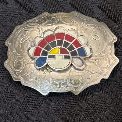 Vintage  Kachina Head Nickel Silver Enameled Belt Buckle