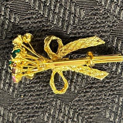 Vintage Unique Vibrant Multicolor Rhinestone Flower Bouquet Gold Tone Brooch