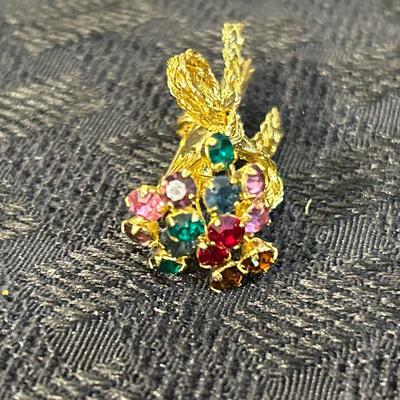 Vintage Unique Vibrant Multicolor Rhinestone Flower Bouquet Gold Tone Brooch