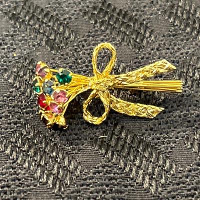 Vintage Unique Vibrant Multicolor Rhinestone Flower Bouquet Gold Tone Brooch
