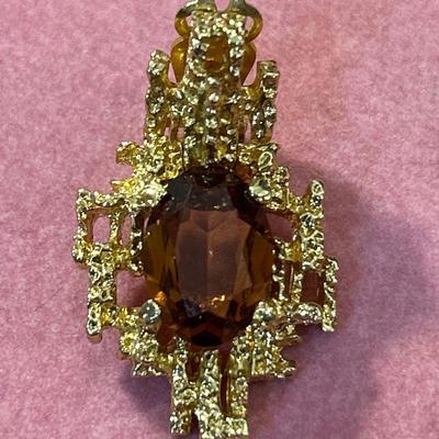 Vintage PANETTA Faux Amethyst MOD BRUTALIST Dangle Drop Clip EARRINGS Gold Tone