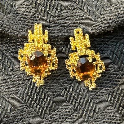 Vintage PANETTA Faux Amethyst MOD BRUTALIST Dangle Drop Clip EARRINGS Gold Tone