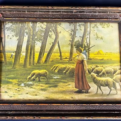 Antique Print Woman and Sheep