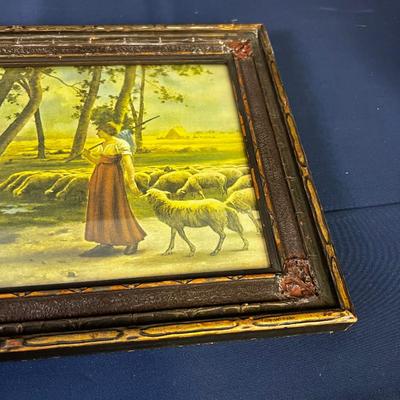 Antique Print Woman and Sheep