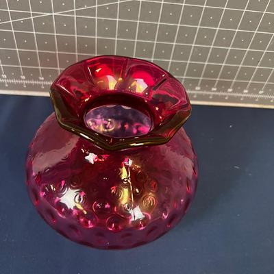 Cranberry Glass Fluted Vase Bubble Fenton