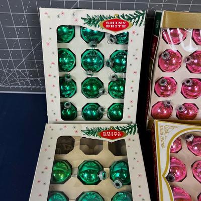 6 Boxes of Shinny Ornaments; Pink Green and Gold