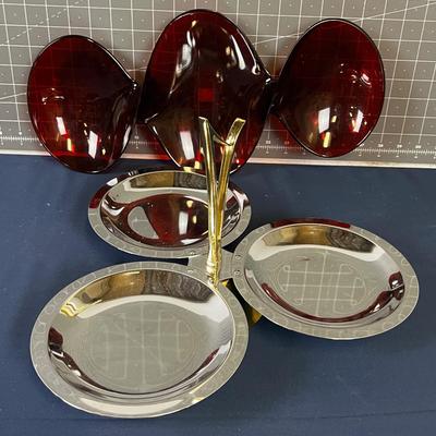 Chrome and Red Plastic Serving Trays