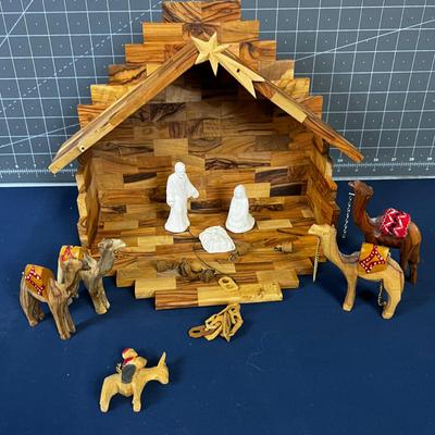Nativity Wood Creche and Camels (from Israel) and Ceramic Figures 