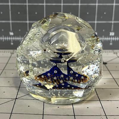 Hand Blown Glass Paper Weight Clear with Blue and Gold Bubbles  Signed