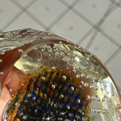 Hand Blown Glass Paper Weight Clear with Blue and Gold Bubbles  Signed