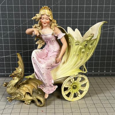 Antique Art Nouveau Fantasy Figurine Woman With Pet Dragon 