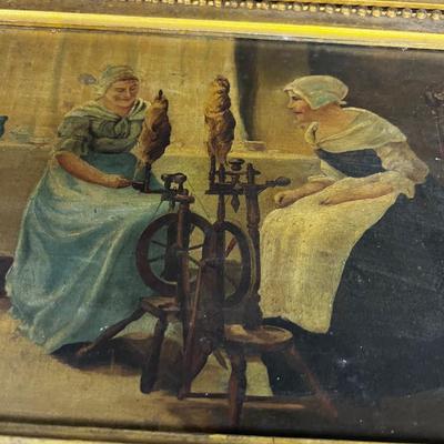 Antique Oil Painting of Yarn Spinning, Very OLD Mid 1800's 