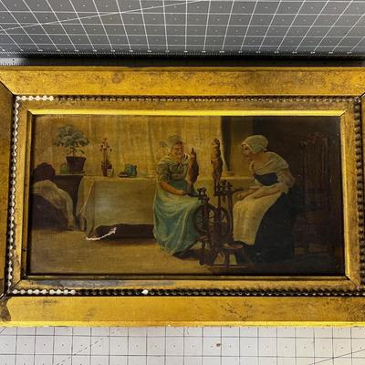 Antique Oil Painting of Yarn Spinning, Very OLD Mid 1800's 