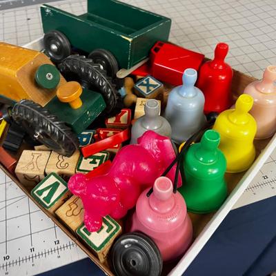 Tray of Vintage Small Toys: Blocks, Tractor,  Bells