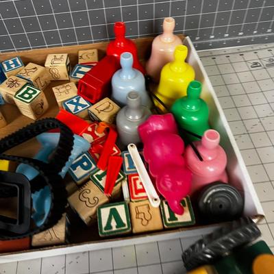 Tray of Vintage Small Toys: Blocks, Tractor,  Bells