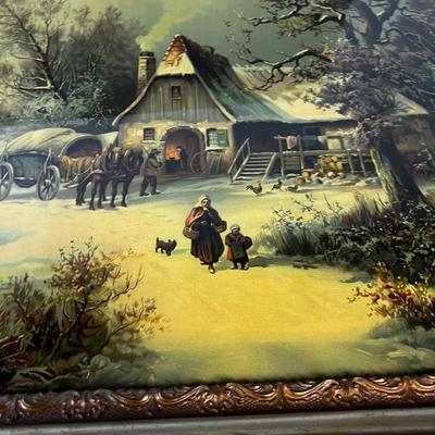 Antique Framed Litho Graph of Dutch Winter Scene