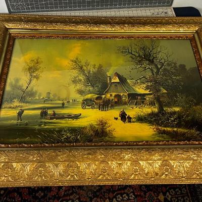 Antique Framed Litho Graph of Dutch Winter Scene