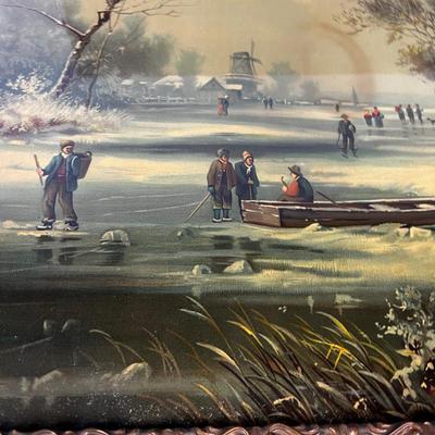 Antique Framed Litho Graph of Dutch Winter Scene