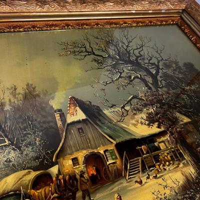 Antique Framed Litho Graph of Dutch Winter Scene