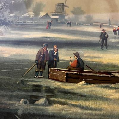 Antique Framed Litho Graph of Dutch Winter Scene