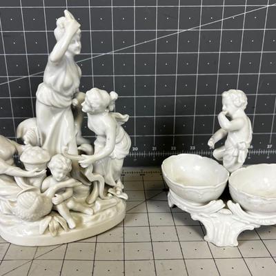 White Italian Porcelain Cherub Bowl and Greek Diana Huntress