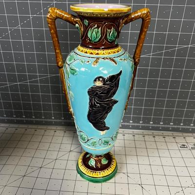 Possibly MITTON Majolica Vase Turquoise with Lady and Brown Handles