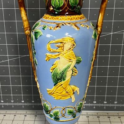 Possibly MITTON Majolica Vase Blue with Lady and Brown Handles