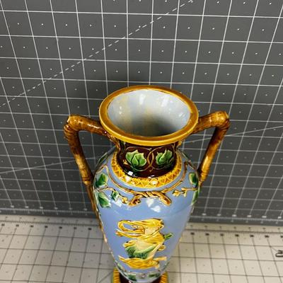 Possibly MITTON Majolica Vase Blue with Lady and Brown Handles