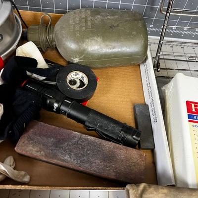 Tray of Survival Emergency Stuff: Matches, Compass, Mess Kit First Aid Kit.