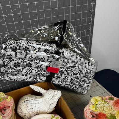 Large Tray of Misc. DÃ©cor Home Items; Hangers, Candle Towels paper boxes, Rabbits.  