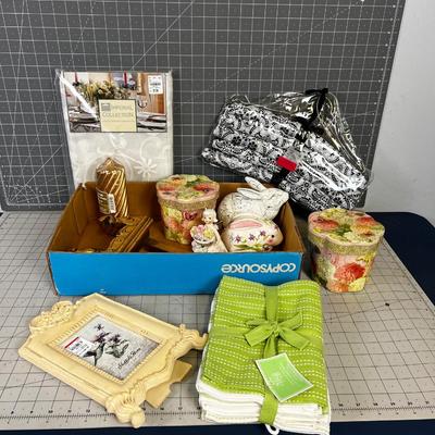 Large Tray of Misc. DÃ©cor Home Items; Hangers, Candle Towels paper boxes, Rabbits.  