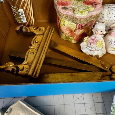Large Tray of Misc. DÃ©cor Home Items; Hangers, Candle Towels paper boxes, Rabbits.  