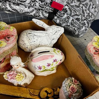 Large Tray of Misc. DÃ©cor Home Items; Hangers, Candle Towels paper boxes, Rabbits.  