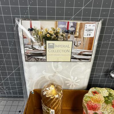 Large Tray of Misc. DÃ©cor Home Items; Hangers, Candle Towels paper boxes, Rabbits.  