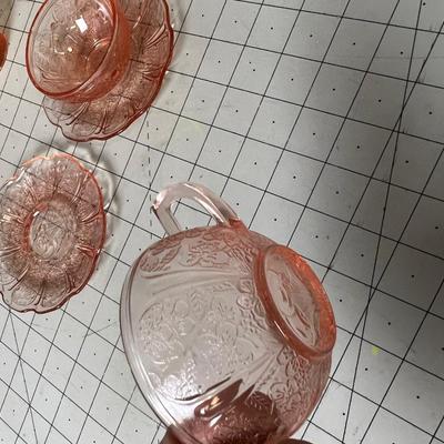 Pink Depression Glass Demitasse Cups, Saucers, Cream & Sugar