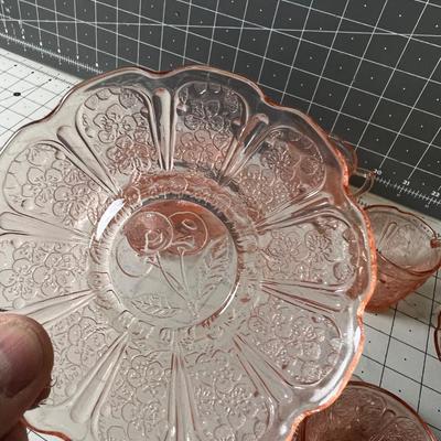 Pink Depression Glass Demitasse Cups, Saucers, Cream & Sugar