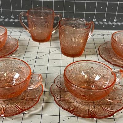 Pink Depression Glass Demitasse Cups, Saucers, Cream & Sugar
