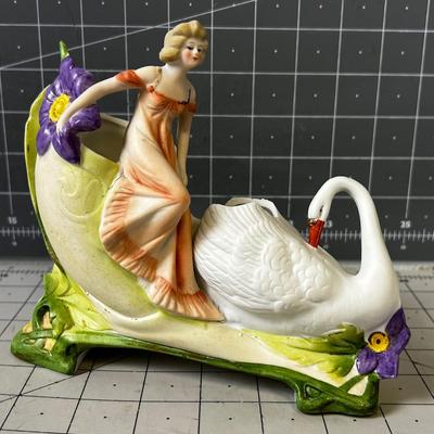Woman and Swan Cornucopia Vase 