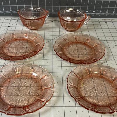 Pink Depression Glass Demitasse 4 Plates & 2 Cups