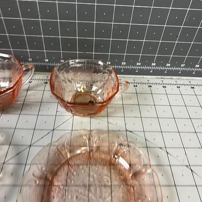 Pink Depression Glass Demitasse 4 Plates & 2 Cups