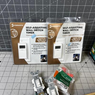 Box of Electrical: Switches, Timers, Bulbs etc.