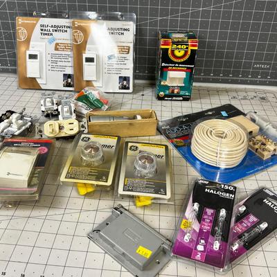 Box of Electrical: Switches, Timers, Bulbs etc.