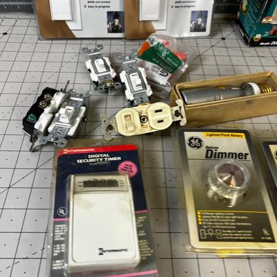 Box of Electrical: Switches, Timers, Bulbs etc.