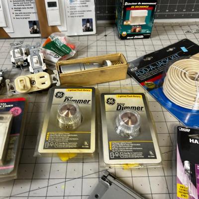 Box of Electrical: Switches, Timers, Bulbs etc.