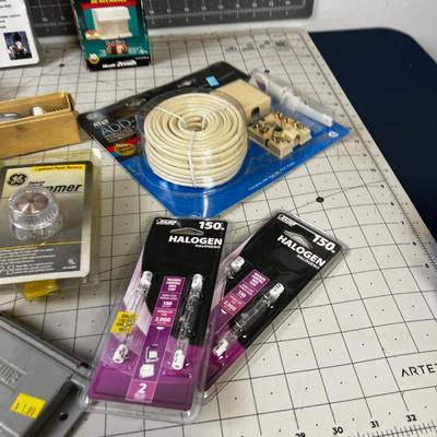 Box of Electrical: Switches, Timers, Bulbs etc.