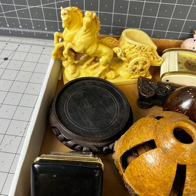 Tray of Stuff: Bookends, Lights, Sculpture, Vase Crystal etc.