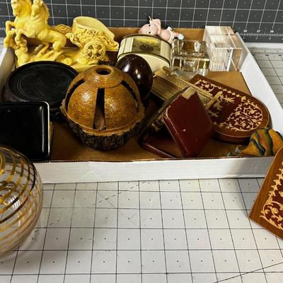 Tray of Stuff: Bookends, Lights, Sculpture, Vase Crystal etc.