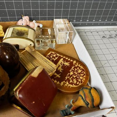 Tray of Stuff: Bookends, Lights, Sculpture, Vase Crystal etc.