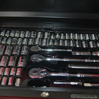 LOT 125. WORK PRO TOOL BOX AND TOOLS